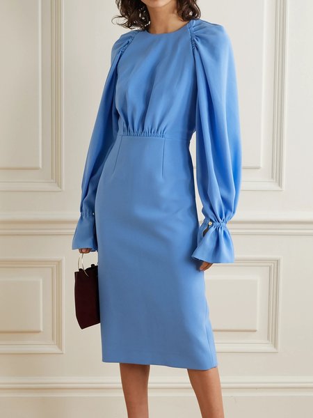 

Crew Neck Solid Elegant Long sleeve Dress, Blue, Midi Dresses