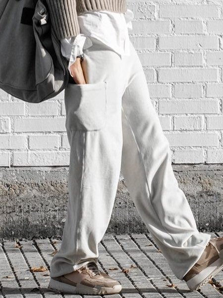 

Pockets Casual Cotton Blends Pants, White, Pants