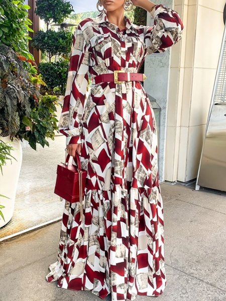 

Elegant Daily Shirt Collar Printed Dress, Red, Maxi Dresses