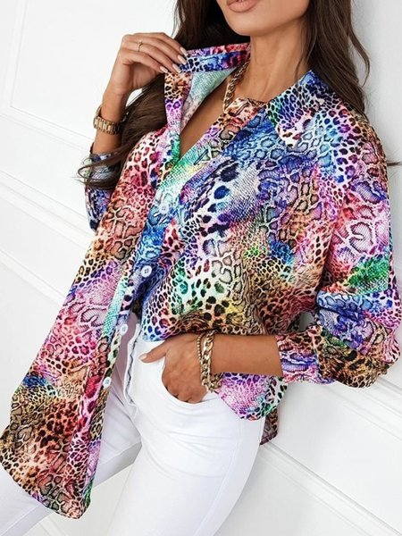 

Casual Long Sleeve Shirt Collar Plus Size Printed Tops Blouses, Multicolor, Blouses & Shirts