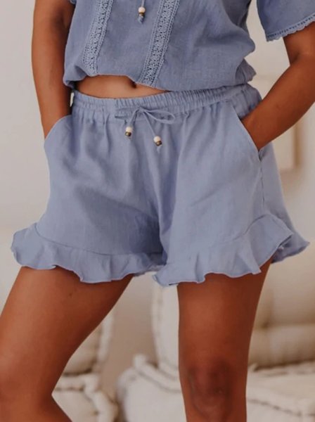 

Plain Pockets Cable Casual Pants, Blue, Shorts