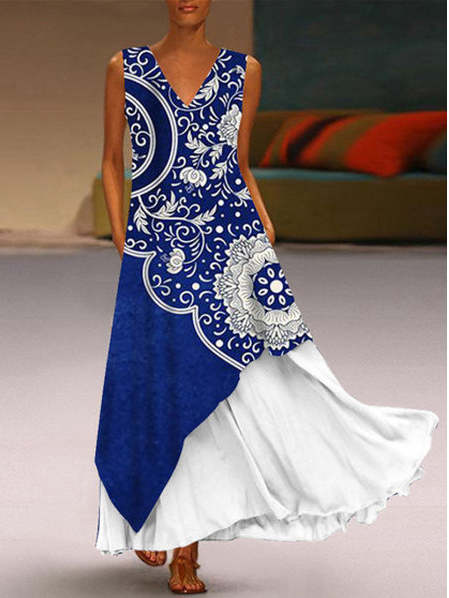 

Vacation Cotton Blends Floral Dresses, Blue, Floral Dresses