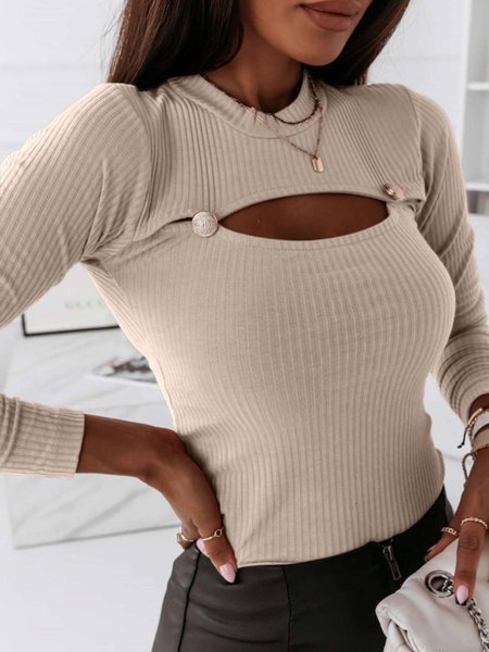 

Long Sleeve Plain Casual Shirts & Tops, Light coffee, T-Shirts