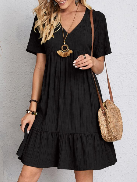 

V-neck Solid Ruffle Hem Smock Dress V Neck Dresses, Black, Mini Dresses