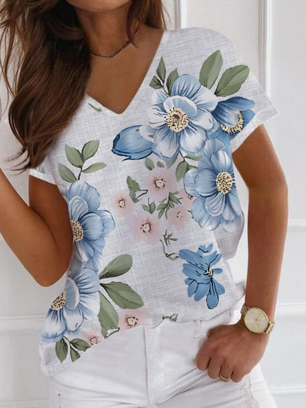 

Floral V Neck Cotton Blends Shirt Sleeve Shirts & Tops, White, T-Shirts