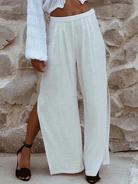 

Holiday plain elastic waist loose split wide leg pants, White, Pants