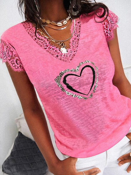 

Heart Printed Romantic Loosen Cotton Blends V Neck Shirts & Tops, Light orange, T-Shirts