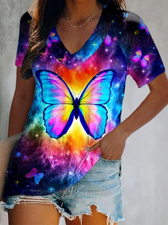 

Butterfly V Neck Loosen Vacation Shirts & Tops, Multicolor, T-Shirts