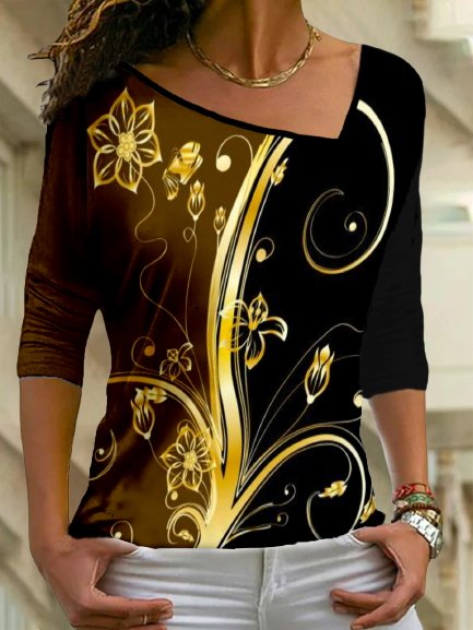 

Floral Long Sleeve Asymmetrical Neck Plus Size Casual Tops, Black-gold, T-Shirts