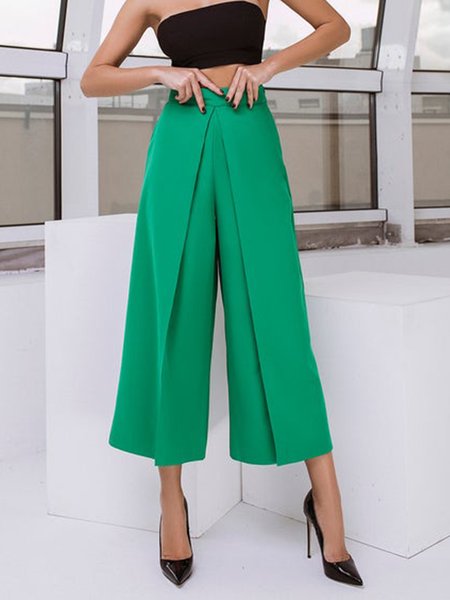 

Simple Solid Regular Fit Pants, Green, Wide Leg Pants