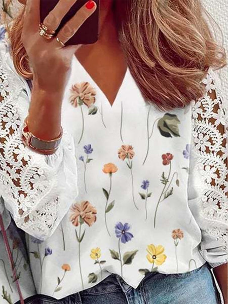 

V neck Floral Regular Fit Lace Vacation Shirts & Tops, White, Blouses & Shirts