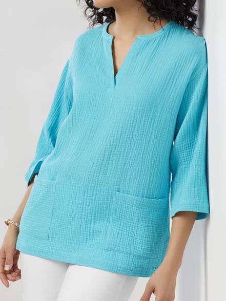 Cotton Blends Loosen Casual Shirts & Tops, Blue, Tunics