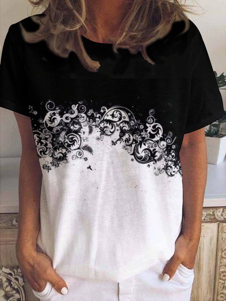 

Contrast Print Crew Neck Short Sleeve T-Shirt, Black-white, T-shirts