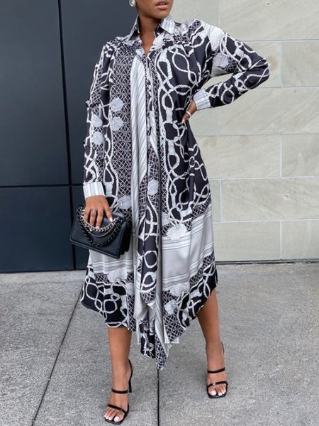 

Daily Shirt Collar Elegant Printed Dress, Black, Maxi Dresses