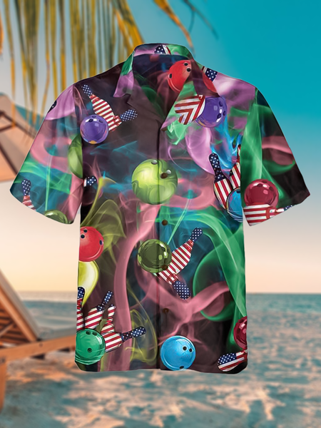

Casual Style Sports Series Gradient Bowling Element Pattern Lapel Short Sleeve Print Shirt Top, Multicolor, Men's Floral shirt