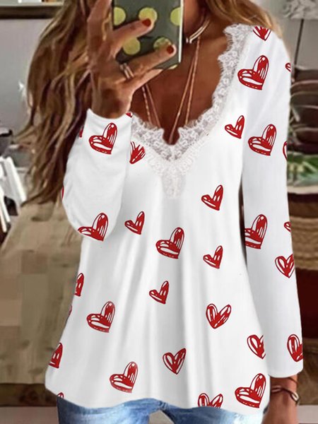 

Romantic Heart Printed Loosen V Neck Cotton Blends Tunic Shirts & Tops, White, T-Shirts