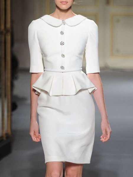 

Turtle Neck Regular Fit Short sleeve Plain Dress, White, Midi Dresses