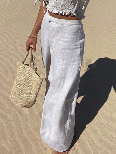 

Plus size Plain Casual Linen Pants, White, Pants