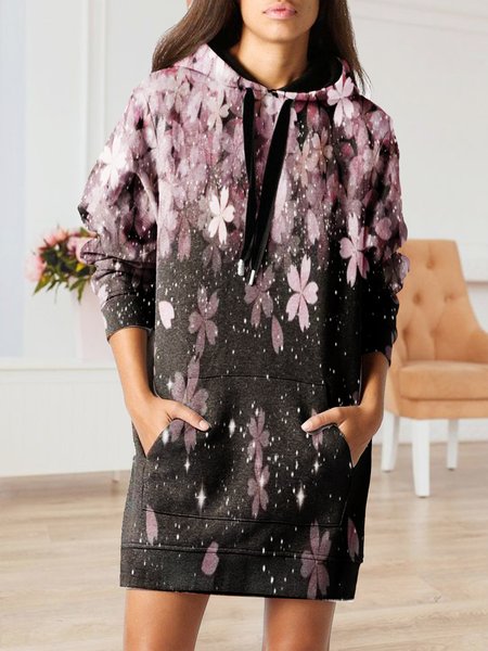 

Pink Home Floral Long Sleeve Straight Hoodie, Floral Dresses