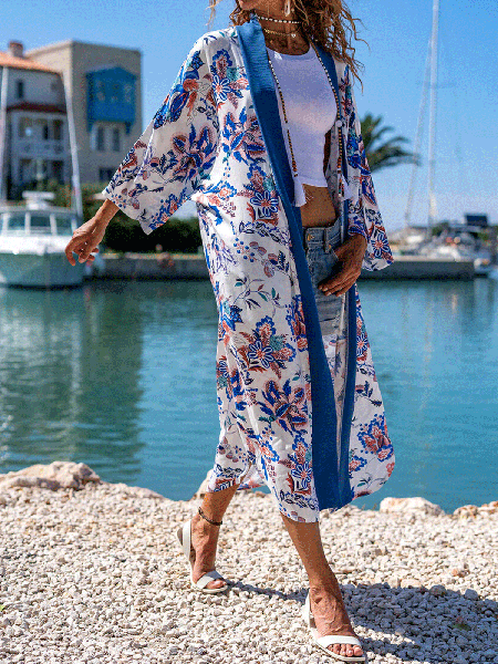 

Women's Long Kimono with Navy Blue Printed Cardigan Jacket, Outerwear