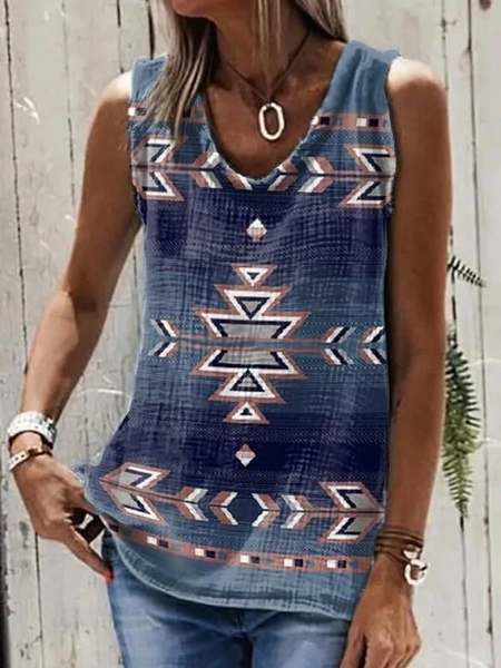 

Casual Vacation Tribal Sleeveless Short Sleeve Blouse, Blue, Shirts & Blouses