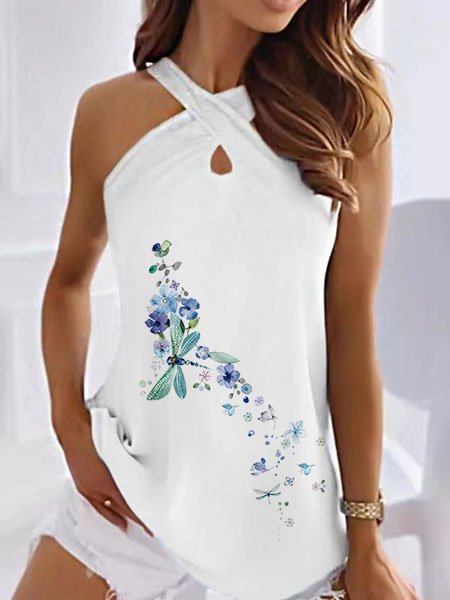 

Cotton Blends Halter Dragonfly Floral Regular Fit Knit Tank, White, Tank Tops & Camis
