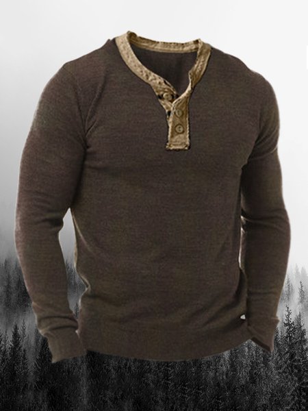 

Men's Henley Collar Long Sleeve Tee, Brown, T-shirt