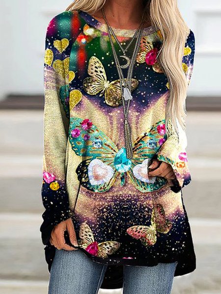 

Ombre Butterfly Floral Printed Romantic Loosen Raglan Sleeve Crew Neck Cotton Blends TunicShirts & Tops, Flower, T-Shirts