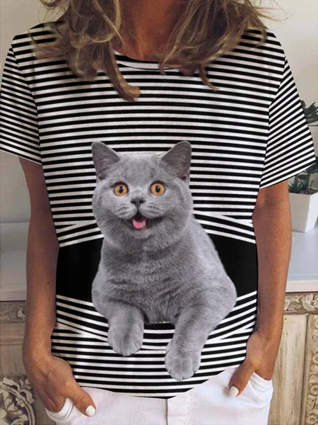 

Cute Cat Loosen Casual Floral Short sleeve Top, Black, T-shirts