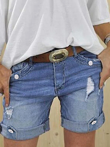 

Mid Waist Solid Pocket Ripped Button Straight Leg Pants Shorts Denim & Jeans, Blue, Shorts