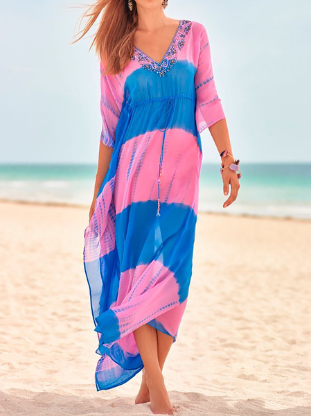 

Plus size V Neck Striped Boho Short sleeve Woven Dress, Blue, Maxi Dresses