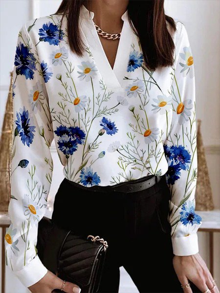 

Long Sleeve Floral V Neck Plus Size Casual Tops, White, Tops