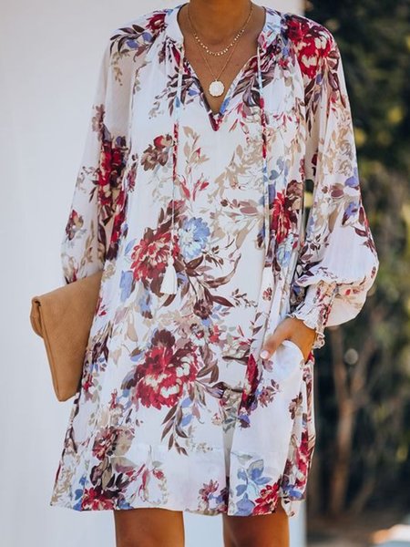 

Floral Casual V Neck Tassel Long Sleeve Loosen Dresses, As picture, Mini Dresses