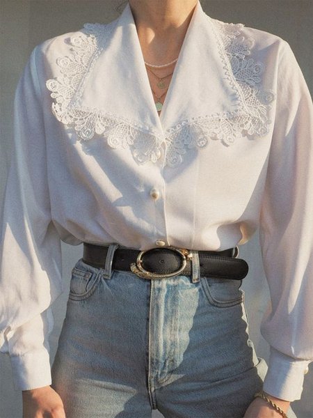 

Lapel Solid Long Sleeve Loosen Shirt, White, Blouses and Shirts