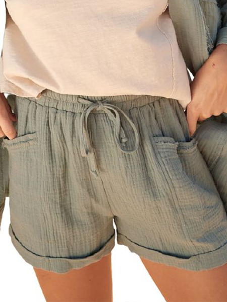 

Stretch waist linen casual loose Pocket Shorts, Army green, Shorts