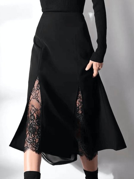 

Spring A LineA Plain Loosen Zipper fly Lightweight Long skirt, Black, Midi Skirts