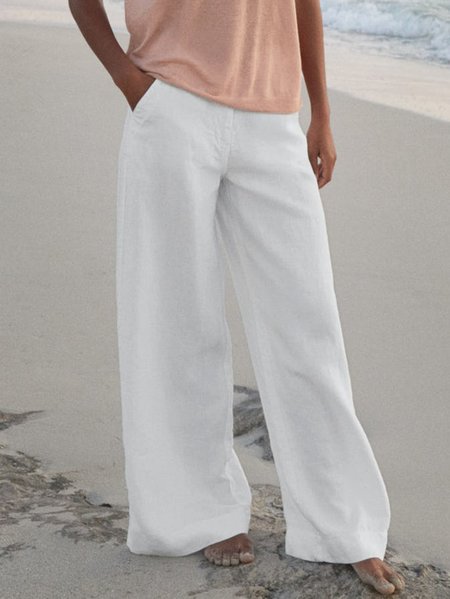 

Casual Pockets Buttoned Casual Pants, White, Pants
