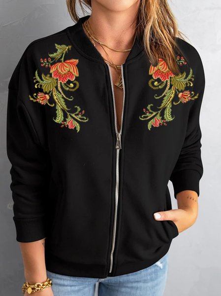 

Loosen Floral Printed Pockets Knit coat, Black, Outerwear