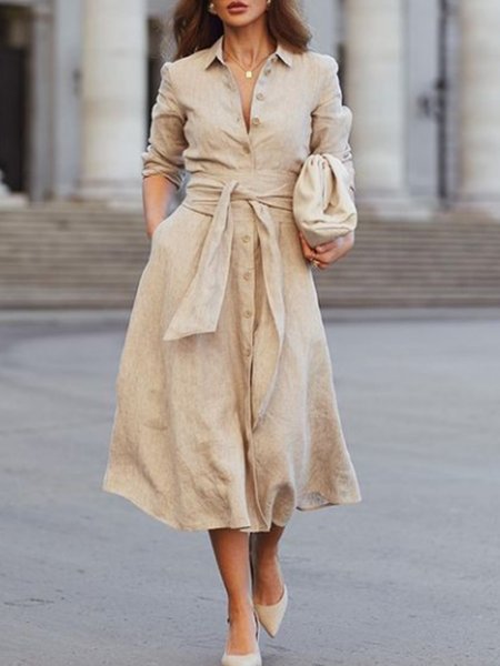 

Elegant Shirt Collar Solid Simple Dress, Apricot, Midi Dresses