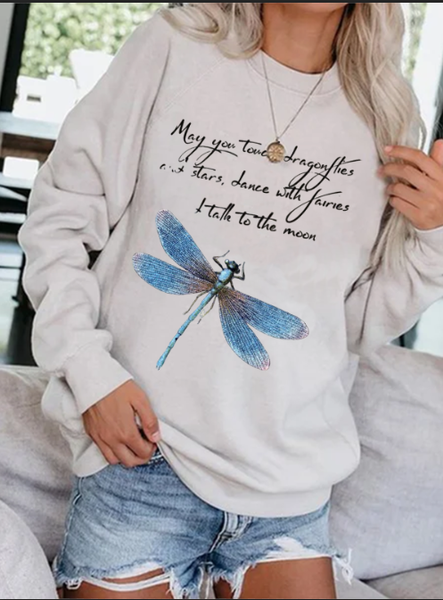 

Dragonfly Letter Print Round Neck Long Sleeve Casual Sweatshirt, White, Sweatshirts & Hoodies