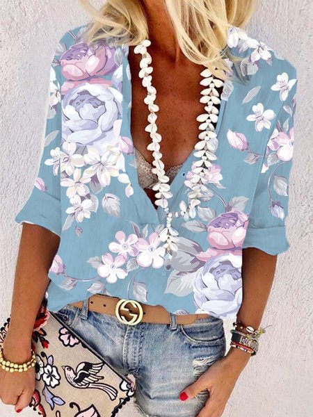 

V Neck Vacation Loosen Shirts & Tops, Blue, Shirts & Blouses