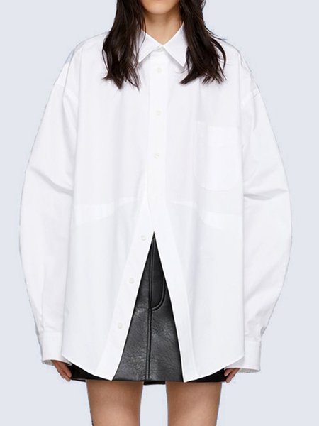 

Solid Shirt Collar Simple Work Shirt, White, Blouses and Shirts