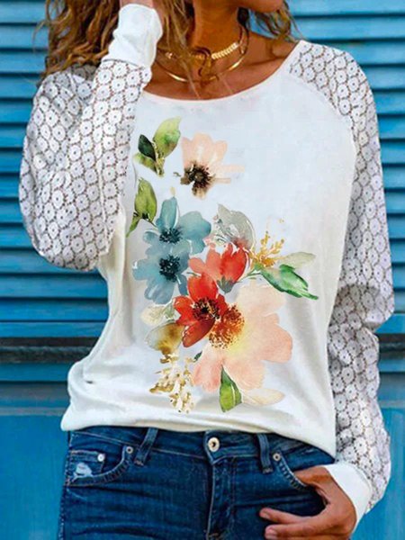 

Floral Printed Lace Casual Round Neck Loosen Shirts & Tops, White, T-Shirts