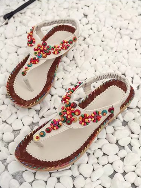 

Women's Boho Beach Colorful Beaded Braided Sandals, Beige, Sandals