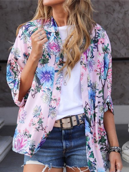 

Vacation Pink Floral Print Cape Collar Casual Outerwear Cardigan, Cardigans