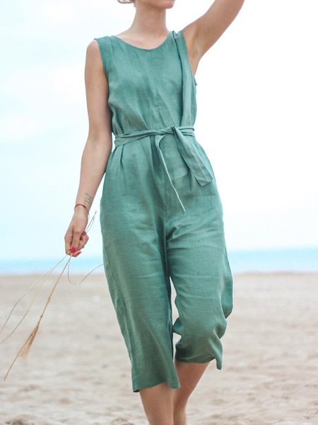 

Crew Neck Casual Cotton Blends Solid Sleeveless Tank Top Jumpsuit & Romper, Aqua, Jumpsuits