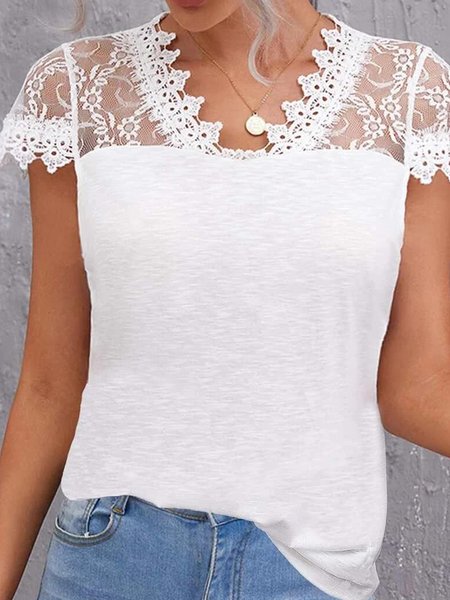 

Solid Sexy Romantic Cotton Blends Regular Fit V Neck Short Sleeve T-shirt, White, T-Shirts