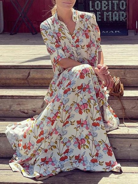 

Half Sleeve V Neck Boho Floral Dresses, Multicolor, Floral Dresses