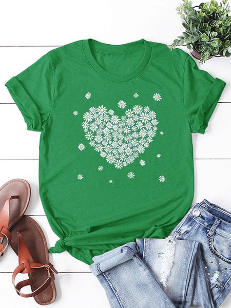 

Daisy Heart Valentine Flower Print Short sleeve Top, Green, T-shirts
