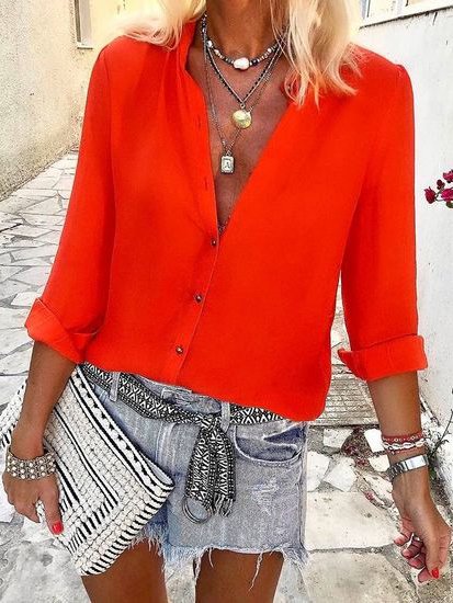 

Red Shirt Collar Casual Mid Sleeve Blouse, Blouses & Shirts